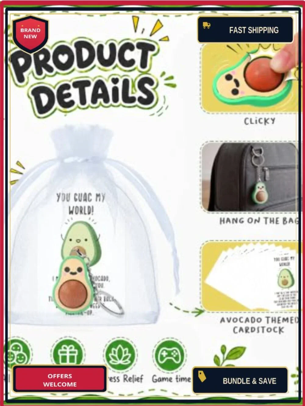 24 Pack 3D Avocado Fidget Keychains with Cards, Stress Relief Toy for Adults,